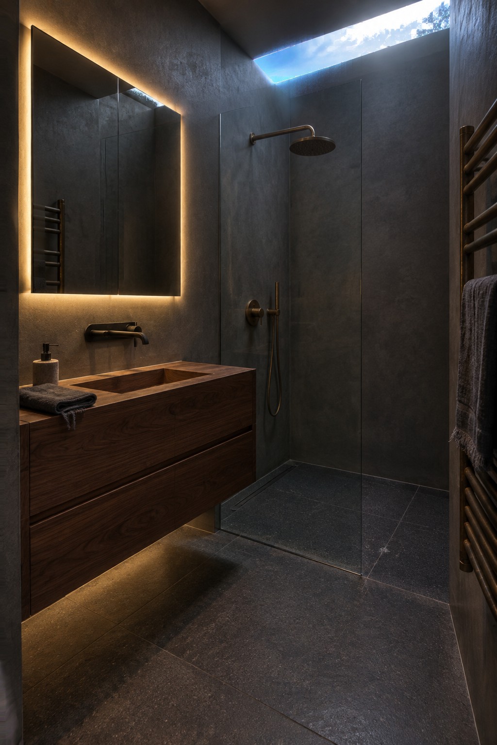 Dark modern bathroom with floating wood vanity, backlit mirror, and rainfall shower