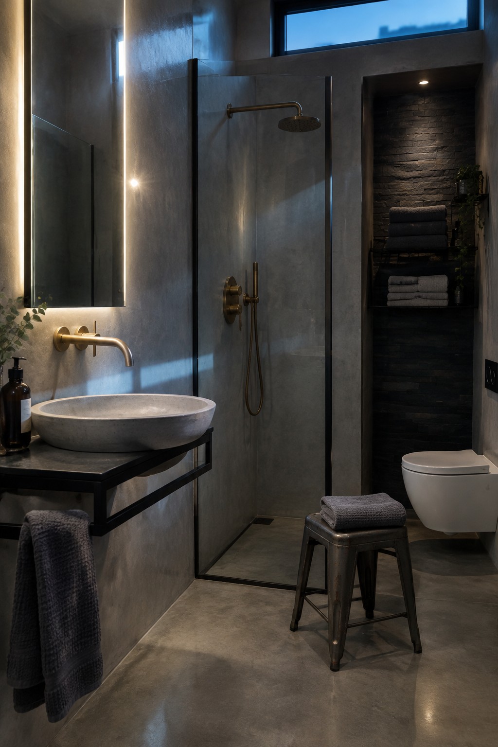 A modern bathroom with gray concrete walls showing a round stone sink on a black metal bracket with wall-mounted brass faucet, a glass shower enclosure with rain head, and a wall-mounted white toilet next to a metal stool.
