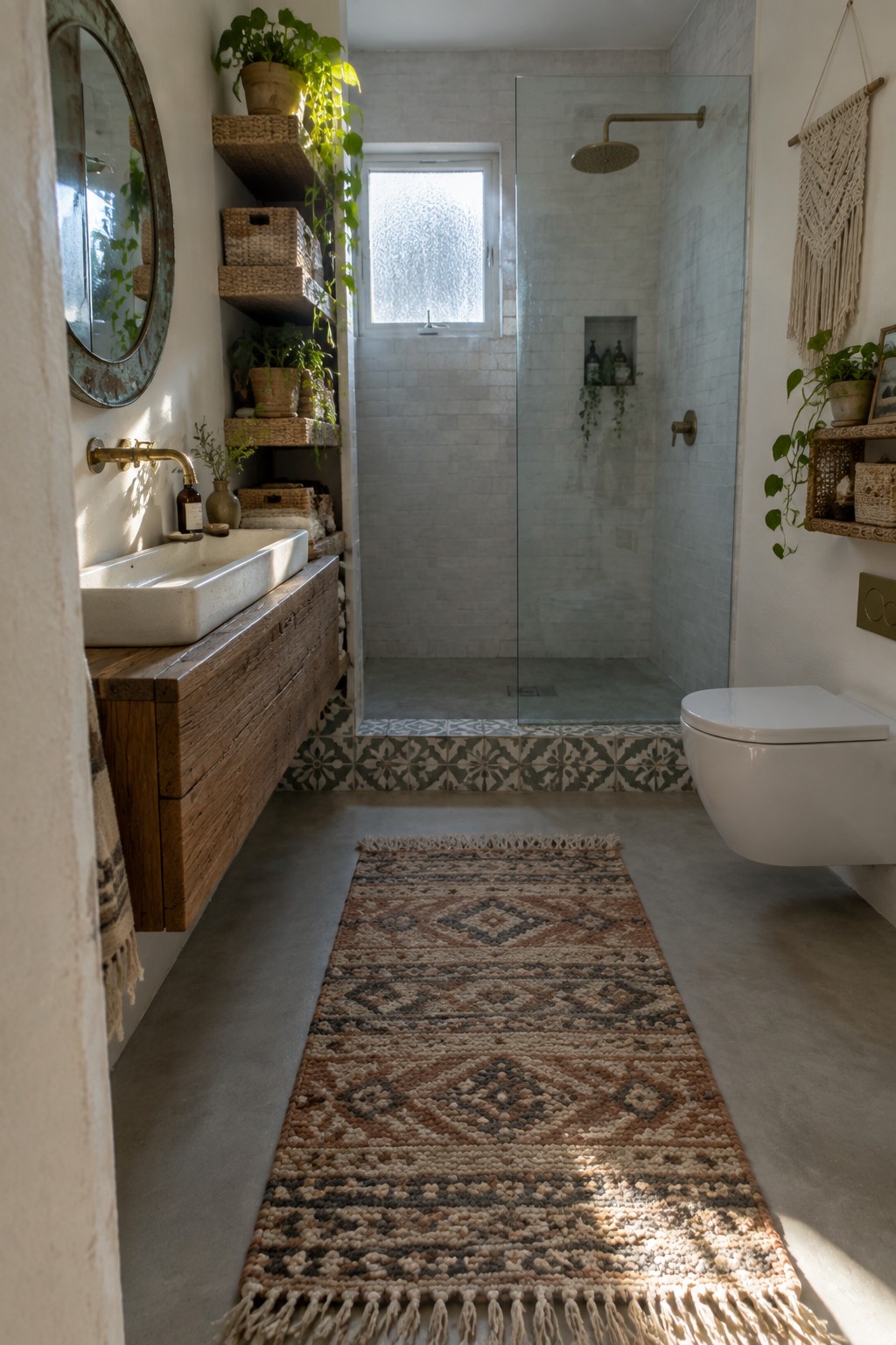 A small bathroom with a floating wooden vanity holding a white sink, a wall-mounted toilet, open woven shelves with plants and baskets, a glass shower enclosure, and a patterned runner rug on concrete flooring.
