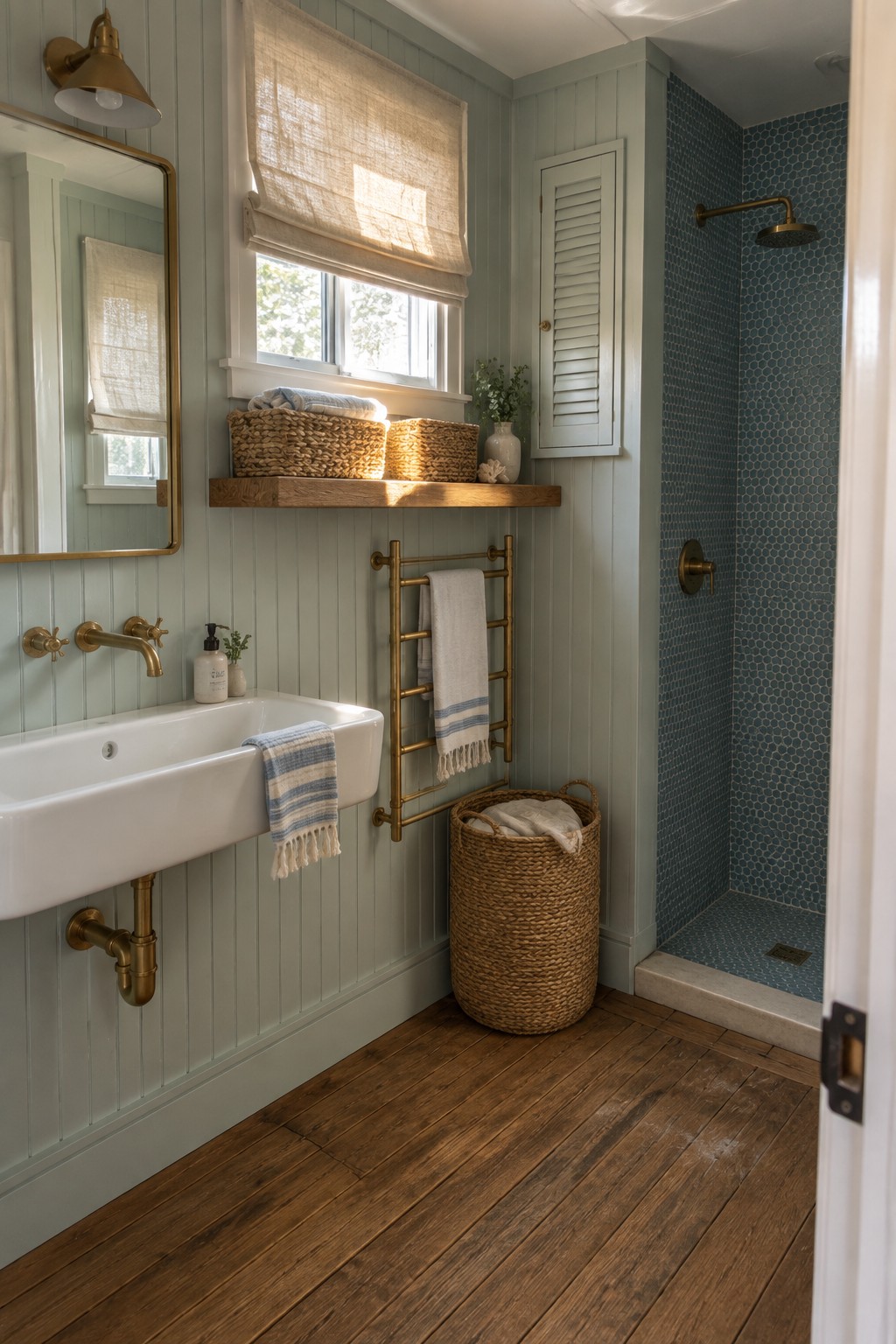 A small bathroom featuring a white wall-mounted sink with brass fixtures, light green beadboard walls, a brass towel rack, and a blue hexagon-tiled shower area.