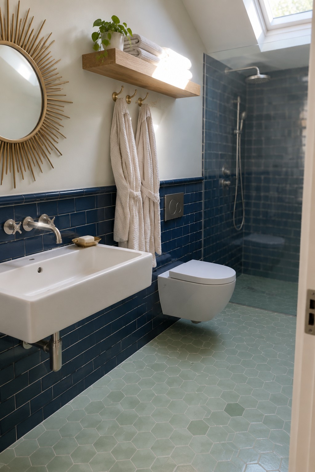 A compact bathroom featuring a white wall-mounted sink with cross-handle faucet, a wall-mounted toilet, blue subway tile wainscoting, light green hexagonal floor tiles, and a wooden floating shelf holding towels and a potted plant.