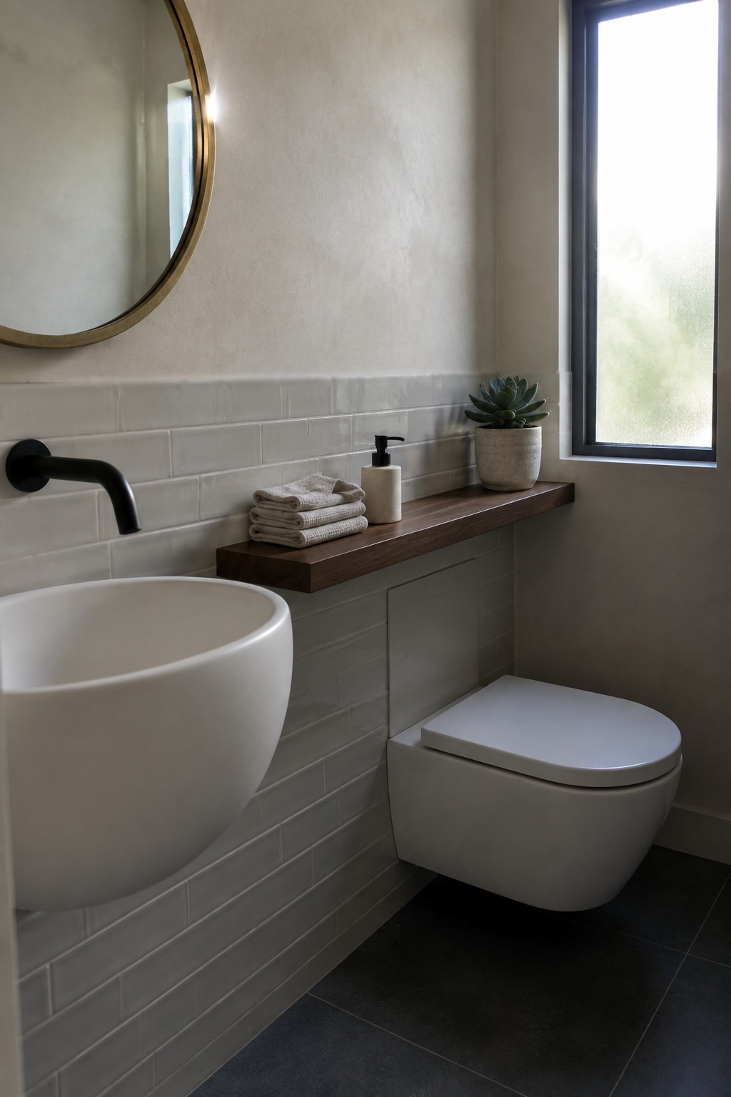 Modern bathroom with white vessel sink, wooden shelf, wall-mounted toilet, round mirror.