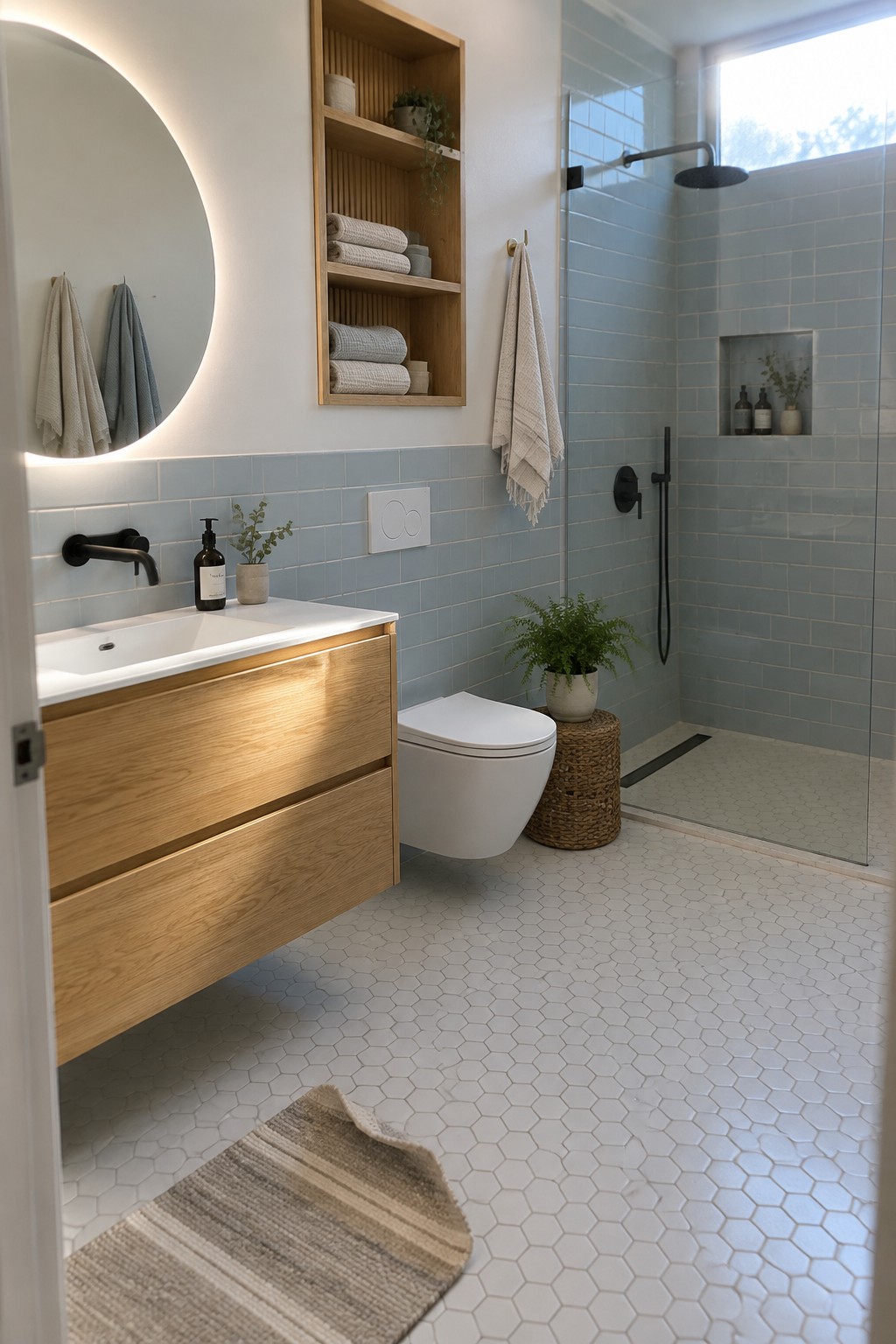 A small modern bathroom with a floating oak vanity, wall-mounted white toilet, light blue wall tiles, white hexagonal floor tiles, and a glass-enclosed shower.