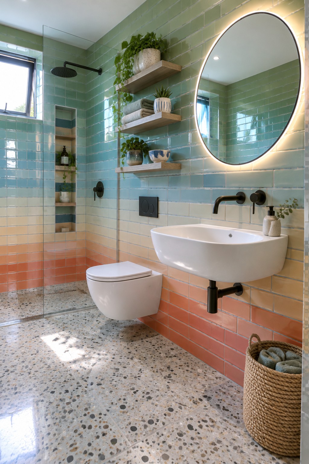A small modern bathroom with multicolored tiled walls, a wall-mounted white sink on black hardware, a floating white toilet, wooden floating shelves with plants and towels, a round illuminated mirror, and a terrazzo floor.