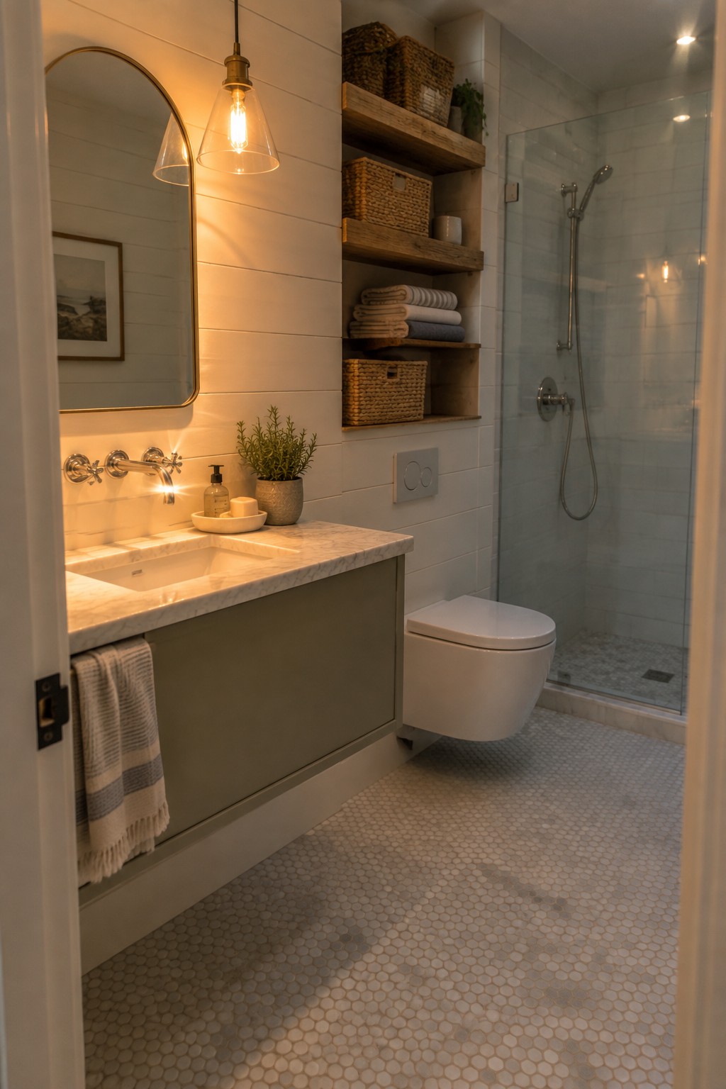 A small bathroom featuring a floating sage green vanity with marble countertop, wall-mounted white toilet, open wooden shelves with baskets, and a glass shower on white hexagonal floor tiles.