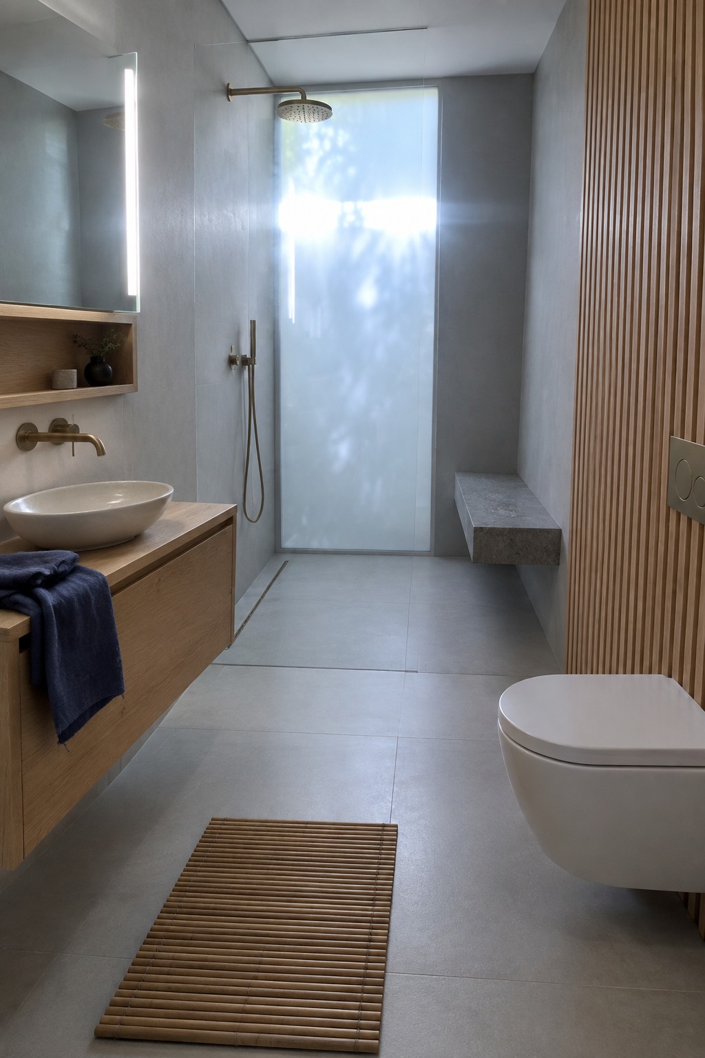 Small modern bathroom with wall-mounted toilet, floating wood vanity with white vessel sink, rainfall shower, and wood slat accent wall.