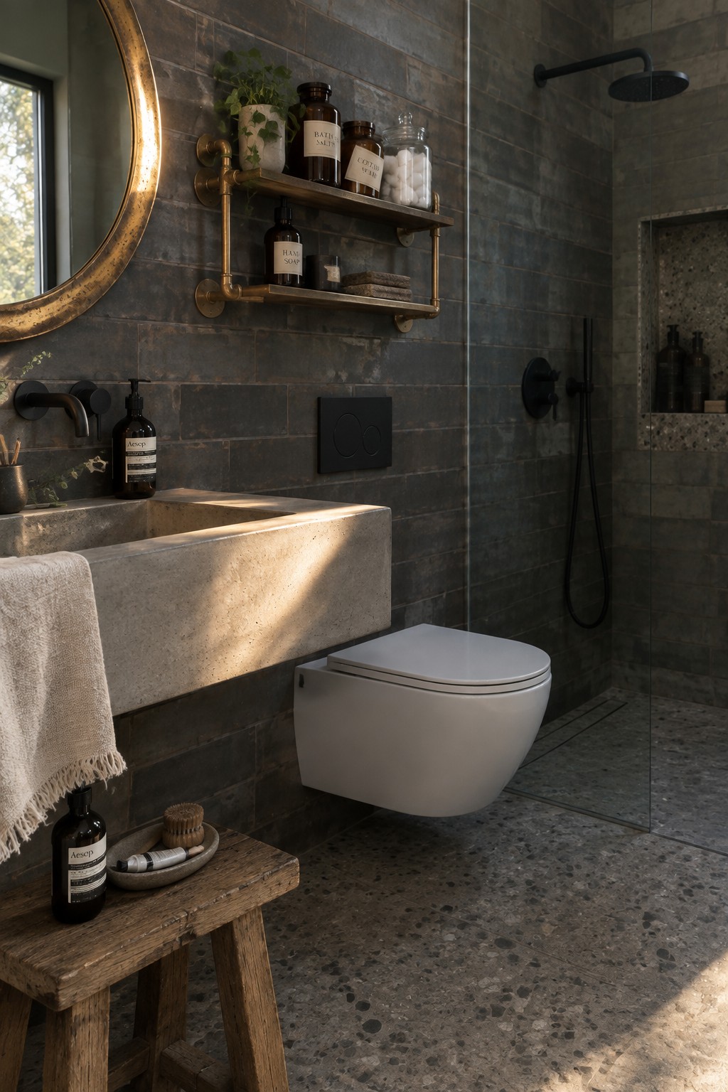 A bathroom interior with a floating concrete sink on a dark tiled wall, a wall-mounted white toilet below it, brass shelving above, and a wooden stool holding toiletries in the foreground.