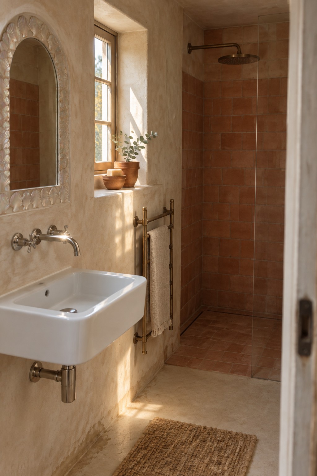 A small bathroom featuring a wall-mounted white sink with exposed plumbing, brass towel rack and shower head, terracotta tiles, and a window ledge with potted plants.