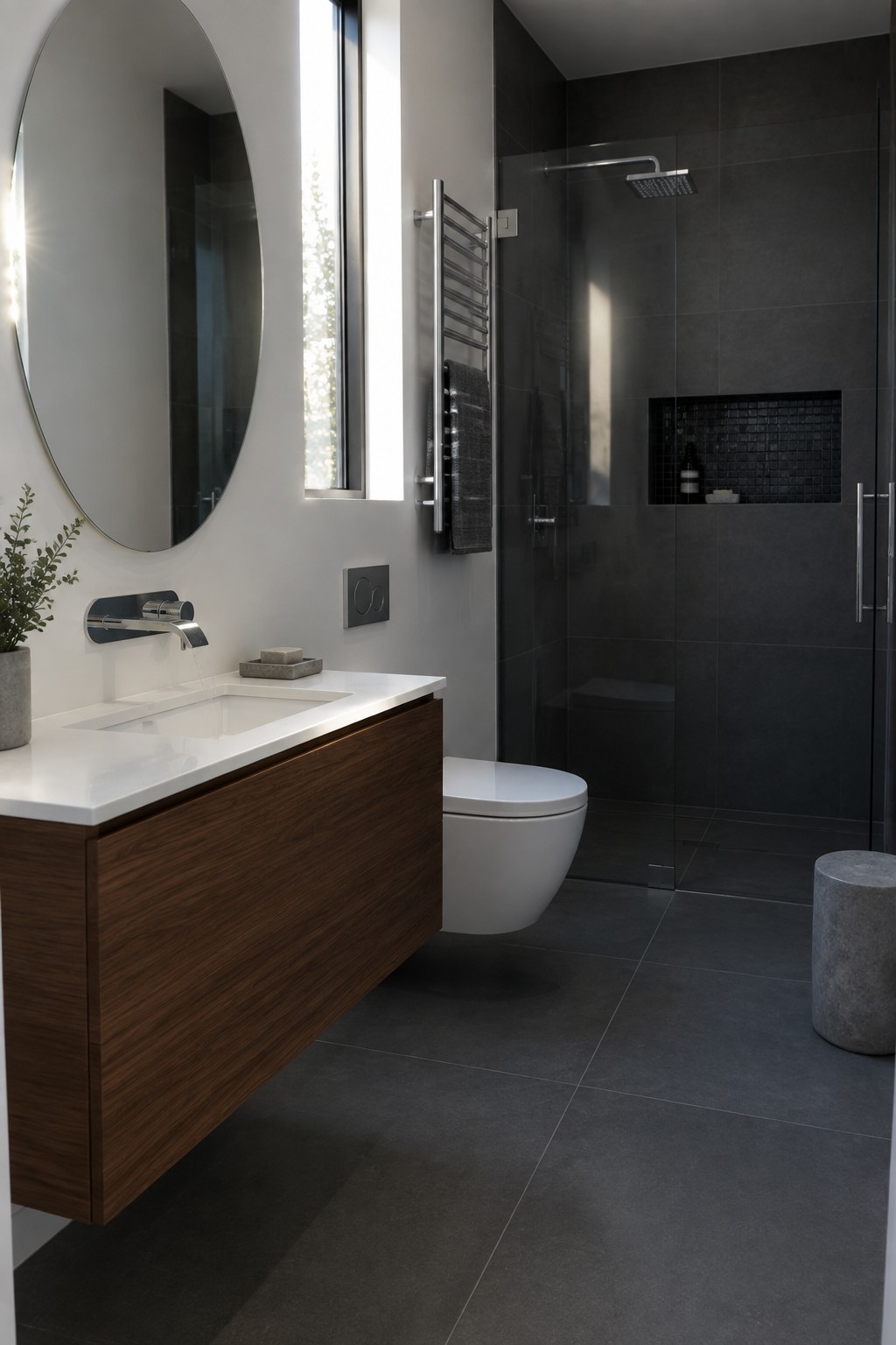 Modern bathroom with a floating dark wood vanity, white countertop sink, round mirror, wall-mounted toilet, and dark tiled shower area.