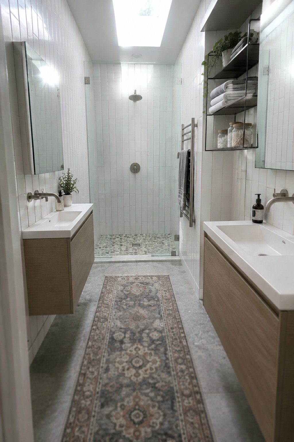 Modern narrow bathroom with dual floating vanities, white tiles, skylit shower, and runner rug.