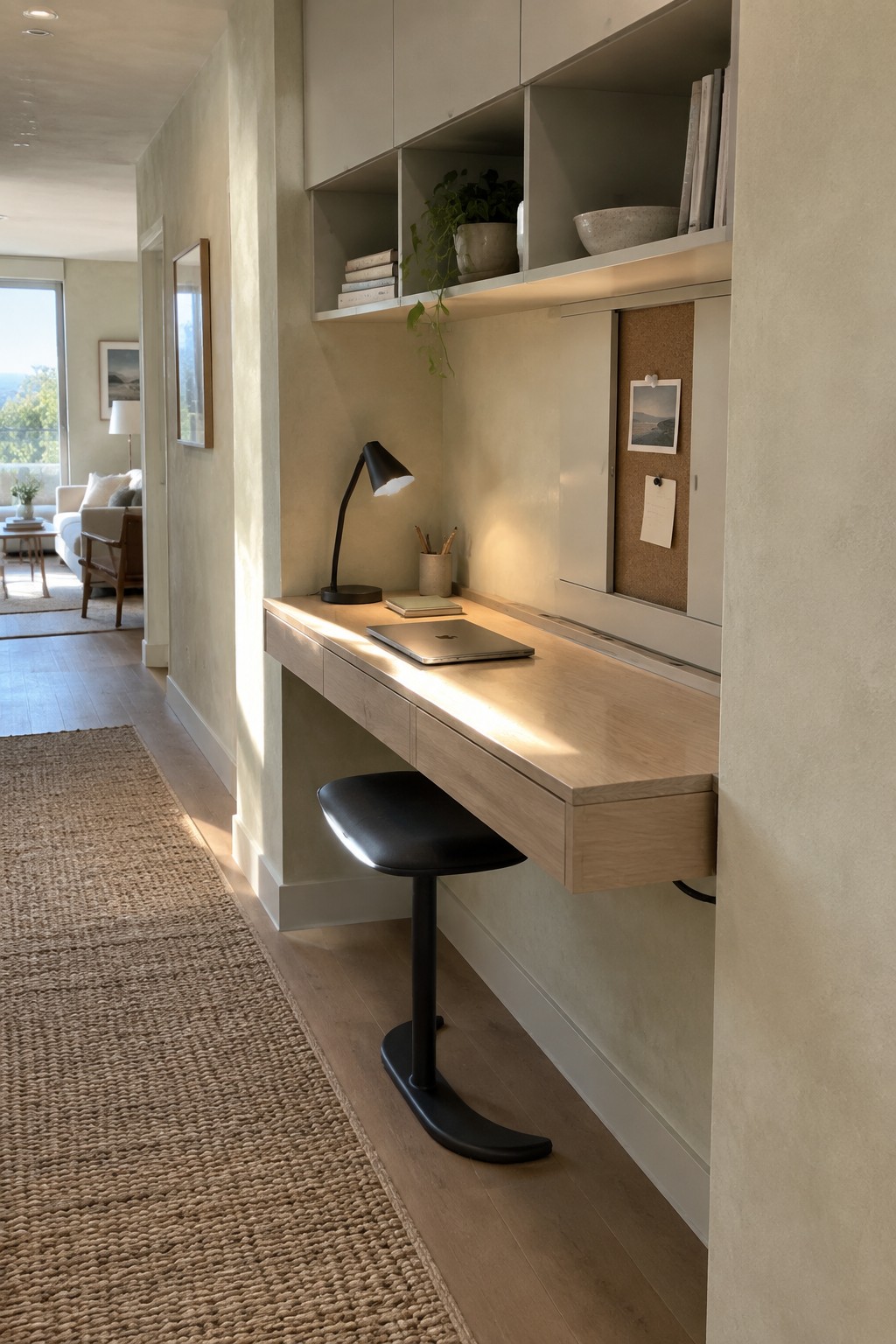 A light wood floating desk with one drawer, a black stool, overhead open shelves and cabinets, and a laptop on the desk surface in a minimalist interior.