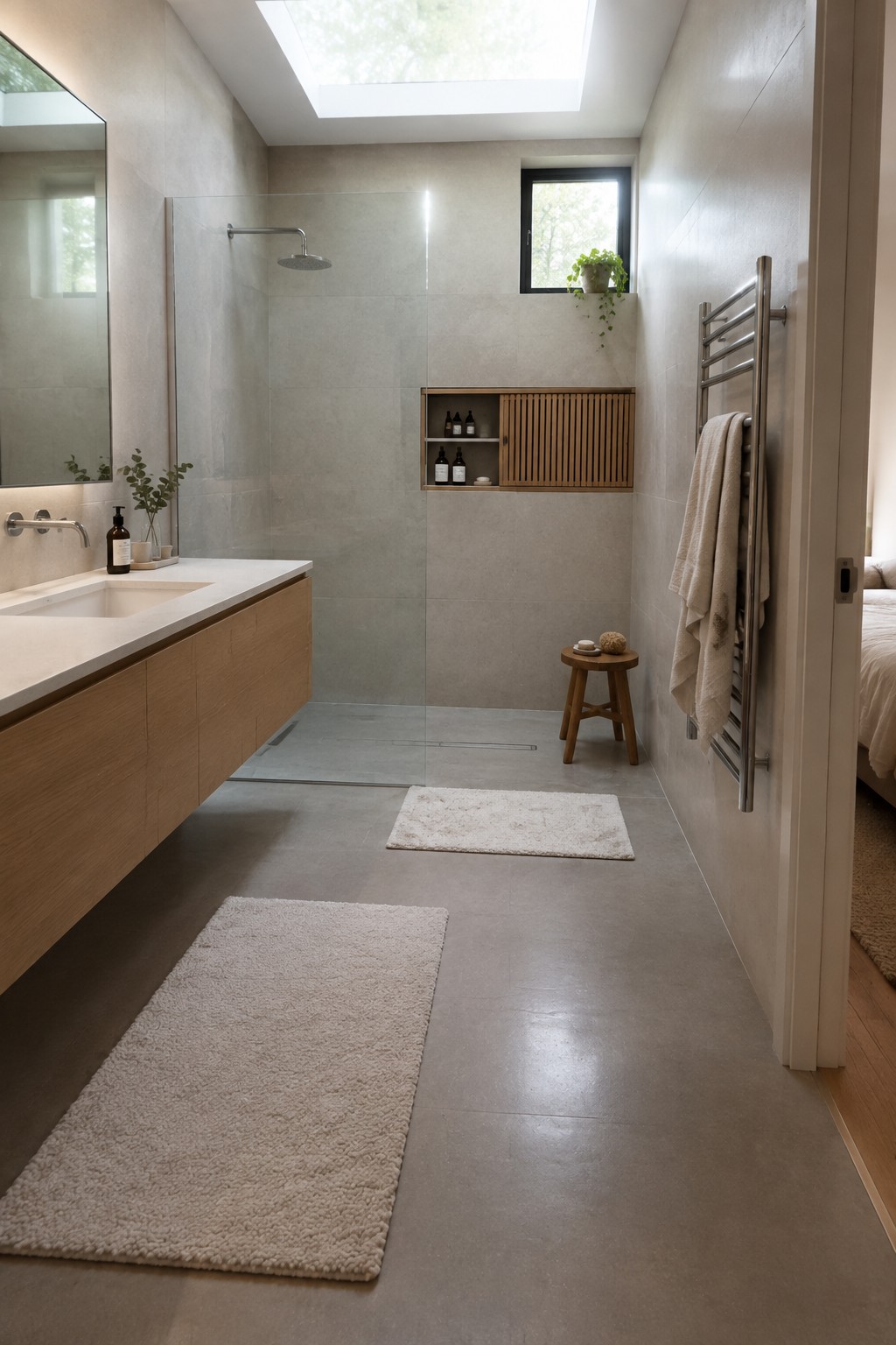 A minimalist modern bathroom with a recessed wall niche covered by a wooden slatted door in the tiled shower area, a floating light wood vanity, concrete floors, and two beige rugs.