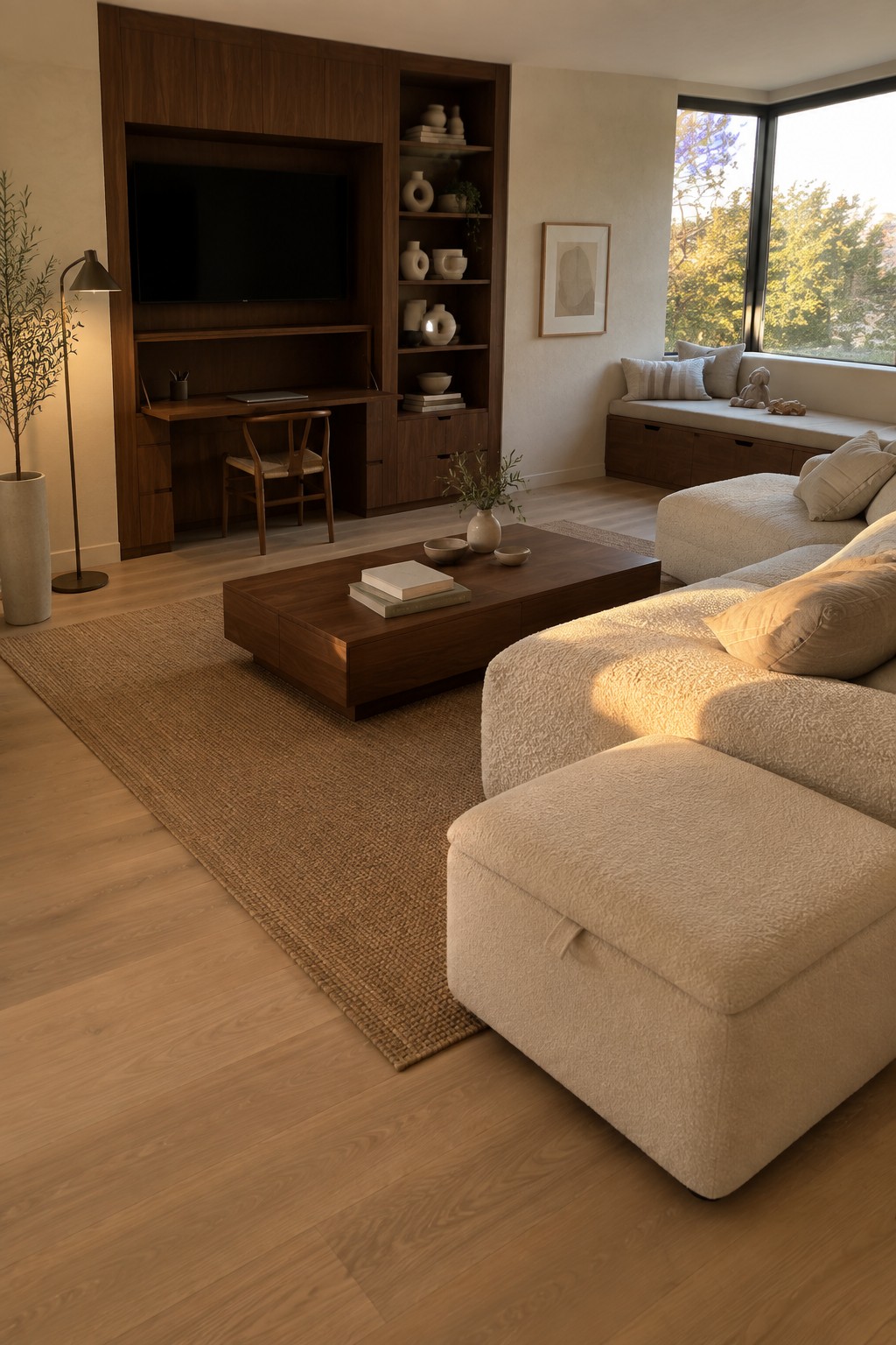 Modern living room with beige sectional sofa, wooden coffee table, and built-in entertainment center.