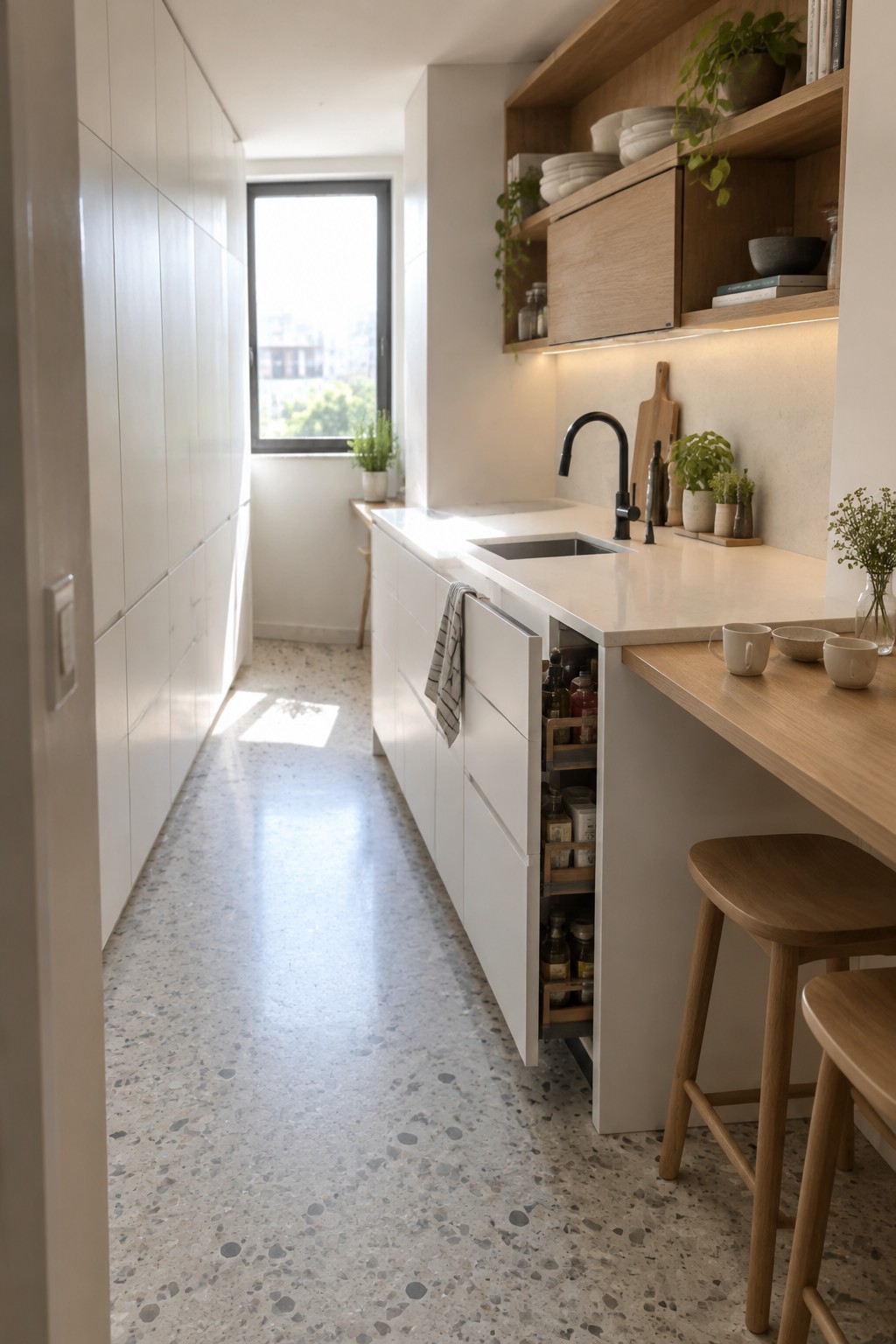 A modern minimalist kitchen with white cabinets, white countertop, black faucet, open wooden shelves, wooden stools, terrazzo floor, and a pull-out storage drawer containing bottles and jars.