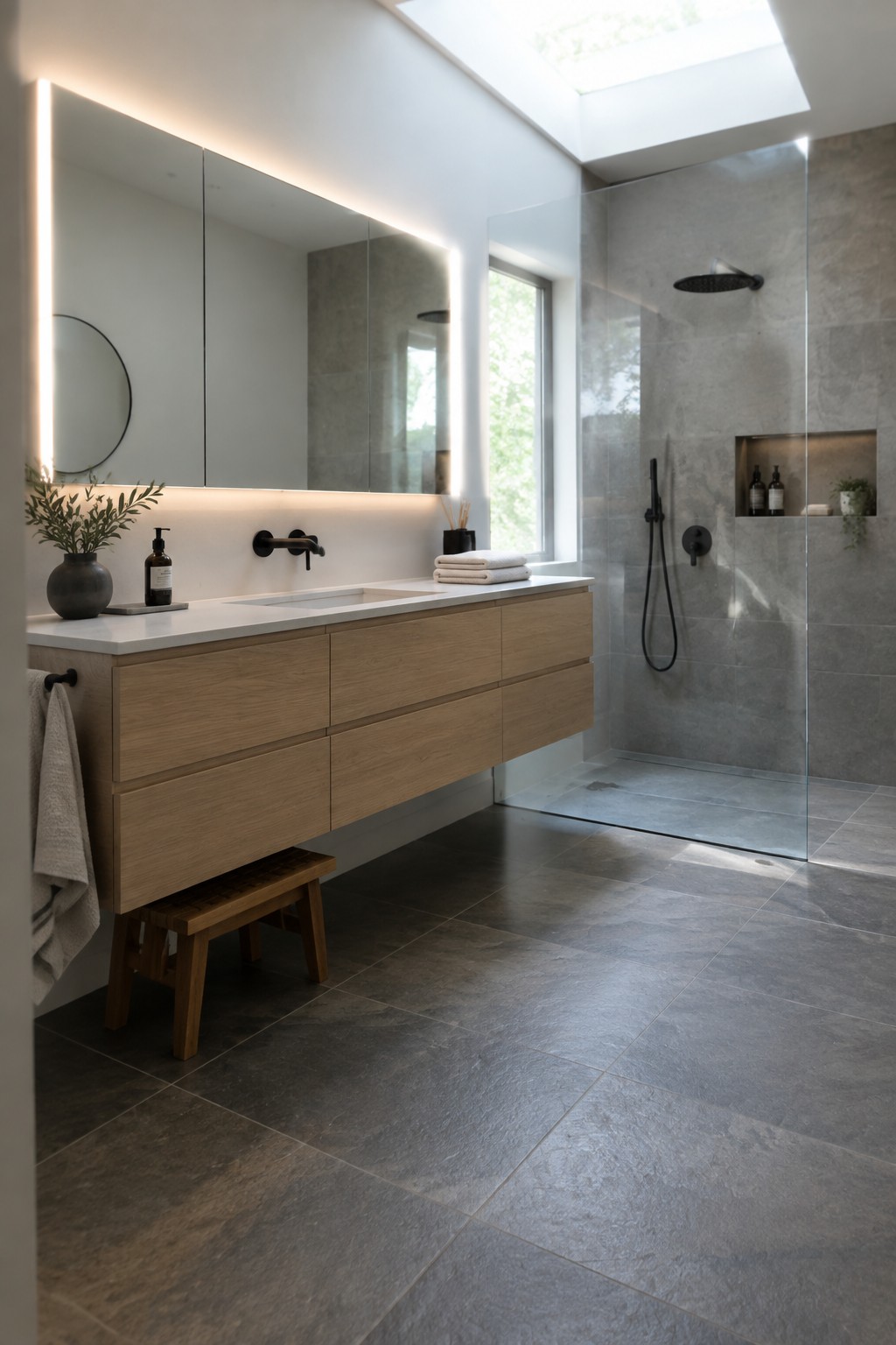 A modern bathroom with a floating light wood vanity featuring multiple drawers, a white integrated sink, backlit mirror, and an adjacent glass shower with gray tile walls.