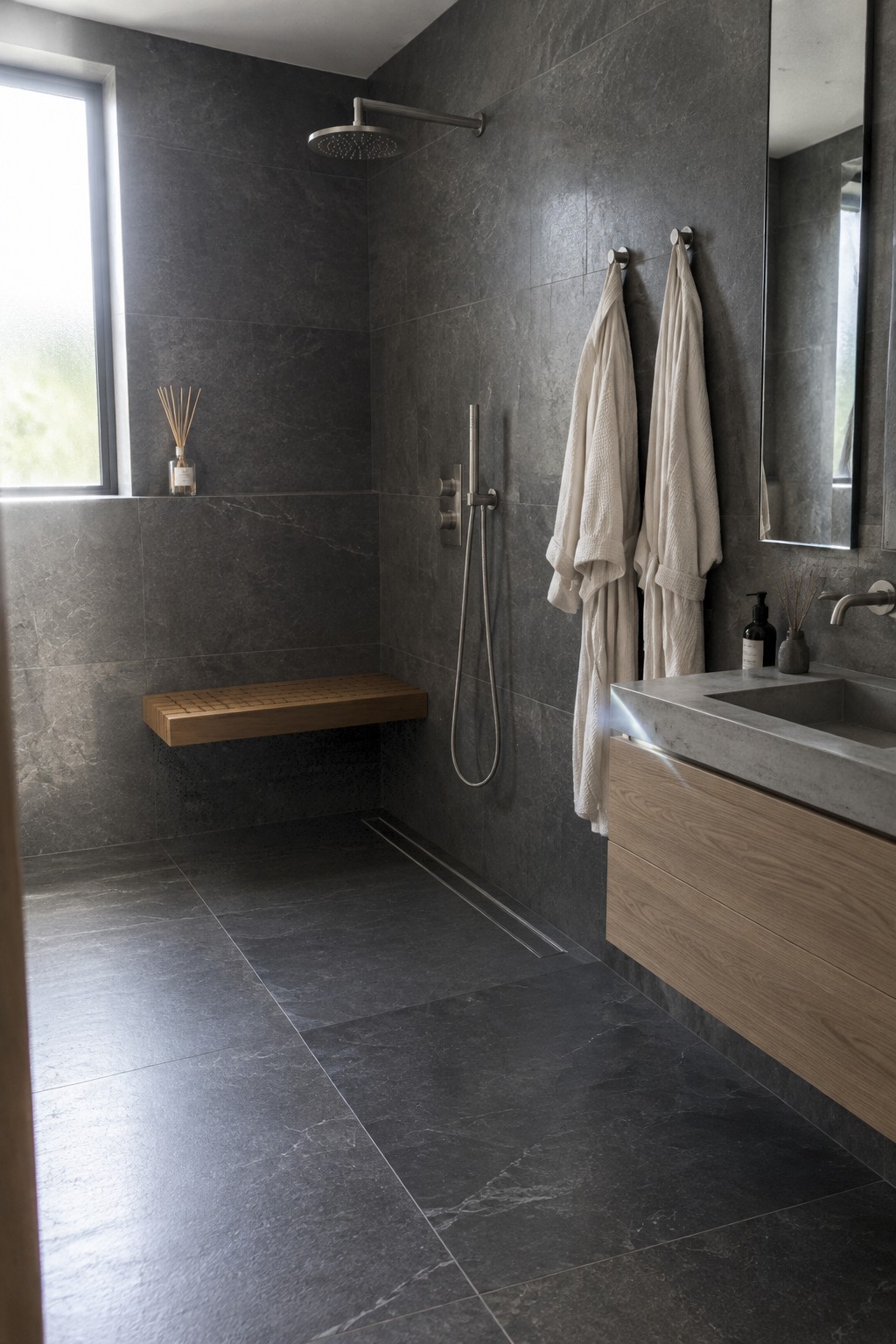 A modern bathroom with dark gray marble tiles on the walls and floor, a built-in wooden bench in the shower area, a floating light wood vanity with a gray countertop, and two white bathrobes hanging on hooks.