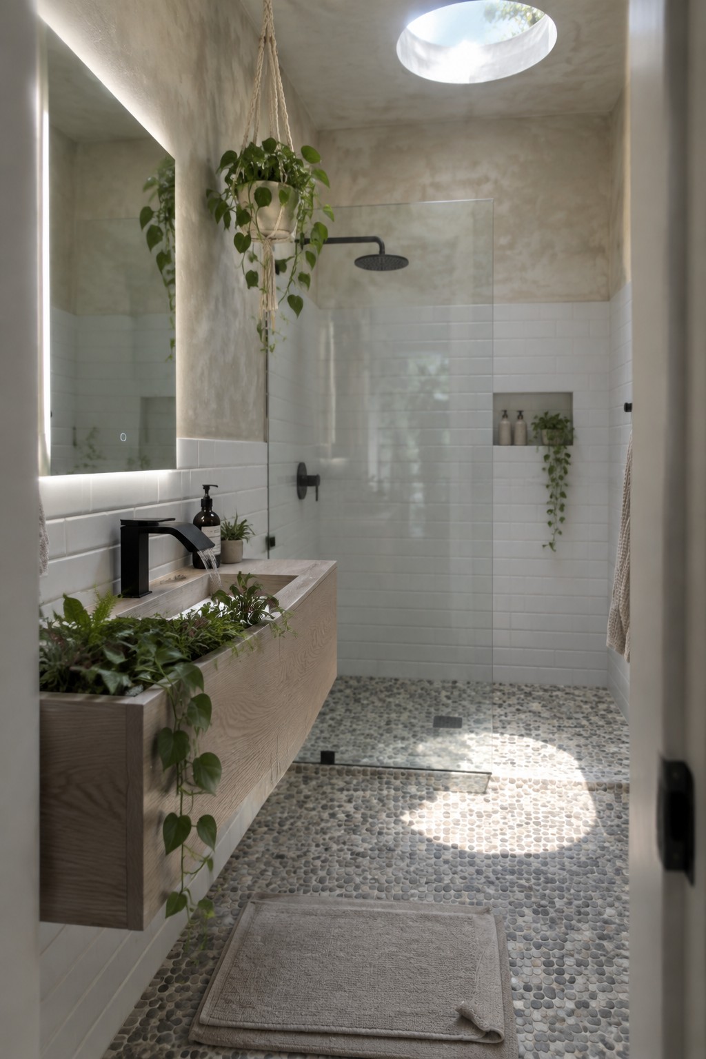 A modern bathroom with a floating wooden vanity that includes an integrated planter trough filled with greenery, a black faucet, pebble floor, glass shower, and skylight.