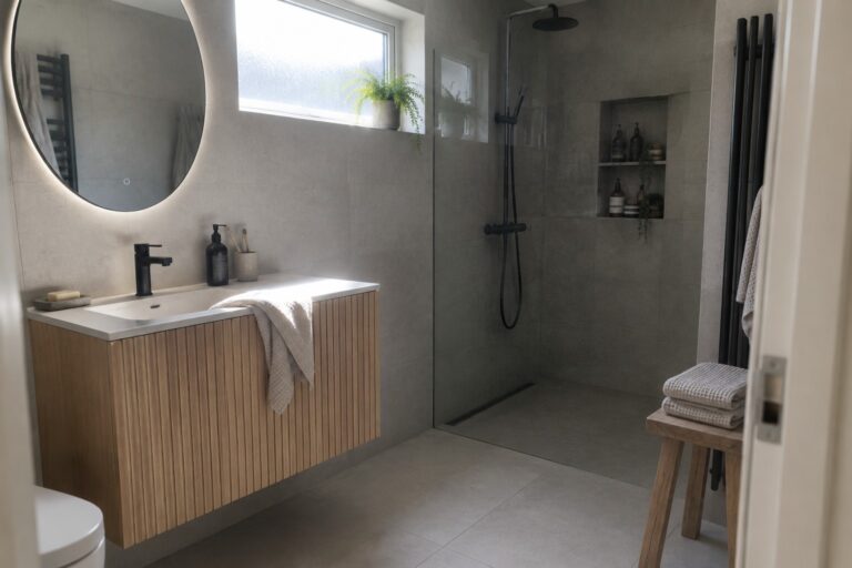 23 Clever Modern Bathroom Ideas for Compact Floor Plans A modern compact bathroom featuring a floating light wood vanity with vertical slats, a round backlit mirror, and a glass shower with a built-in niche.