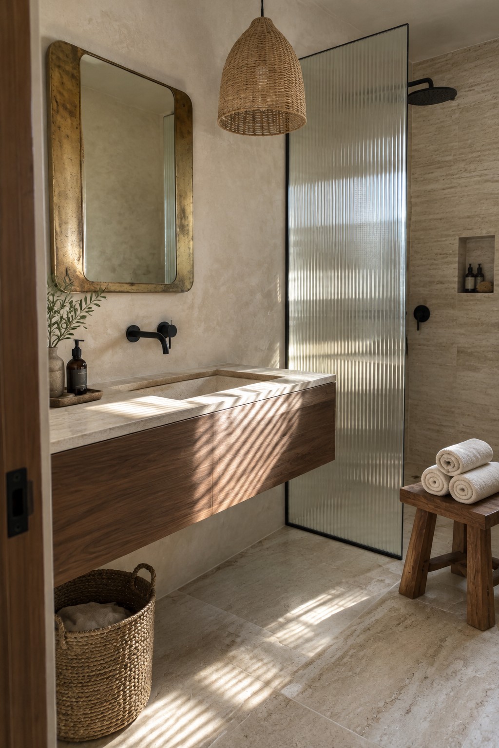 A modern compact bathroom with a floating wood vanity, stone countertop, black wall-mounted faucet, woven pendant light, and fluted glass shower partition.