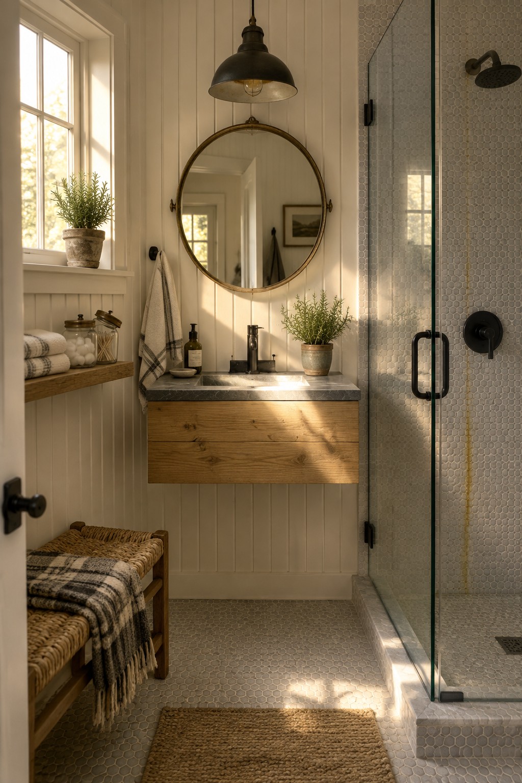 A compact modern bathroom with a floating wooden vanity, round mirror, black pendant light, glass shower enclosure, and a woven bench near a window.