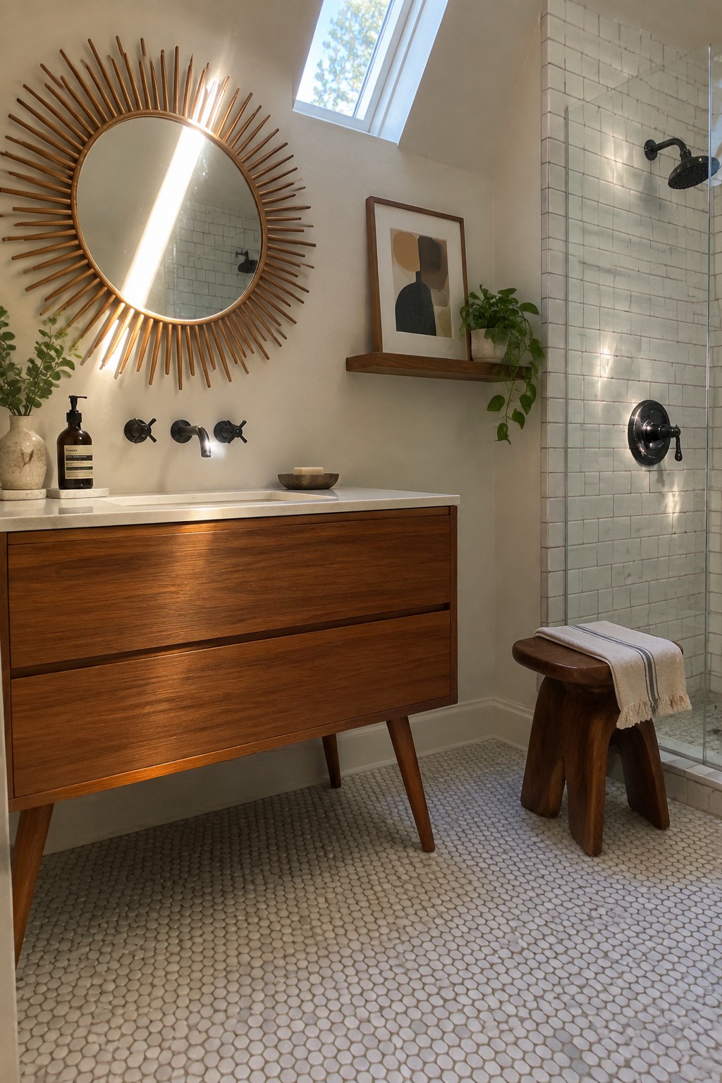 Modern bathroom with wooden vanity, sunburst mirror, tiled shower, and wooden stool.