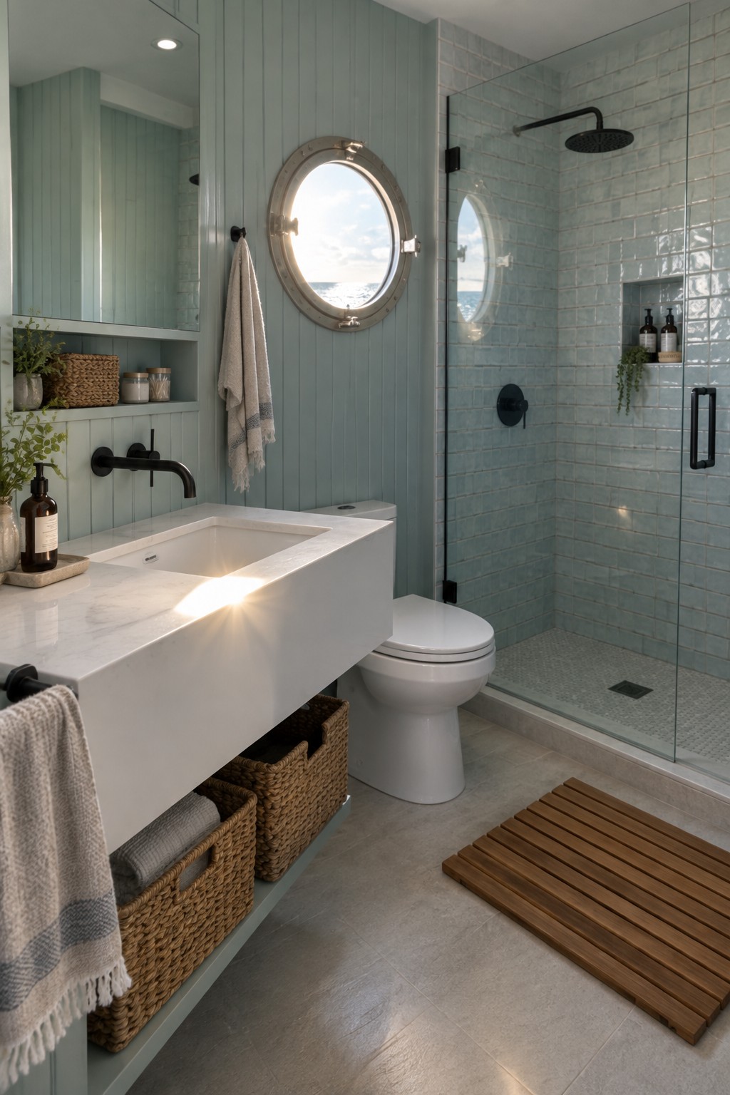 A compact bathroom with a floating white marble vanity, open woven storage baskets below, a white toilet, and a glass shower with light blue tiles and a round porthole window.
