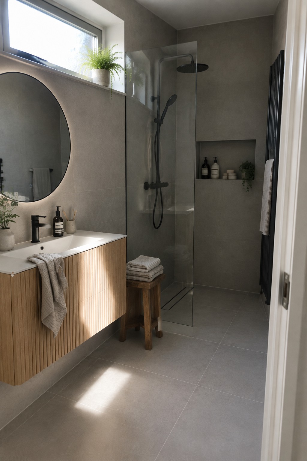 A modern compact bathroom featuring a floating light wood vanity with vertical slats, a round backlit mirror, and a glass shower with a built-in niche.