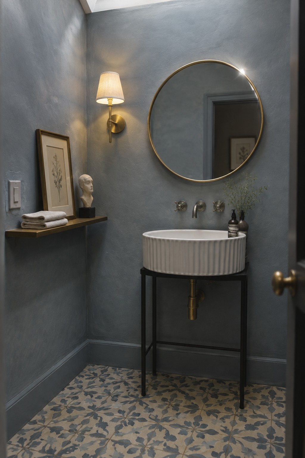 Blue bathroom with white ribbed sink, round gold mirror, and patterned tile floor.