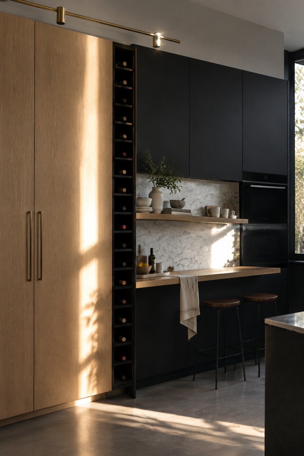 Modern kitchen with light wood cabinets, wine rack, black cabinetry, marble backsplash, and bar stools