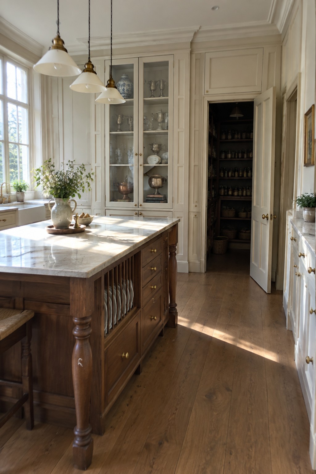 A kitchen with a marble topped wooden island, tall cream cabinetry including glass front sections, and an open door showing a walk in pantry lined with shelves of jars and baskets.