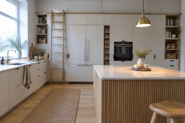 20 Custom Kitchen Storage Ideas Centered on Full-Height Cabinetry Modern kitchen with white cabinets, wooden rolling ladder, marble island, and pendant light