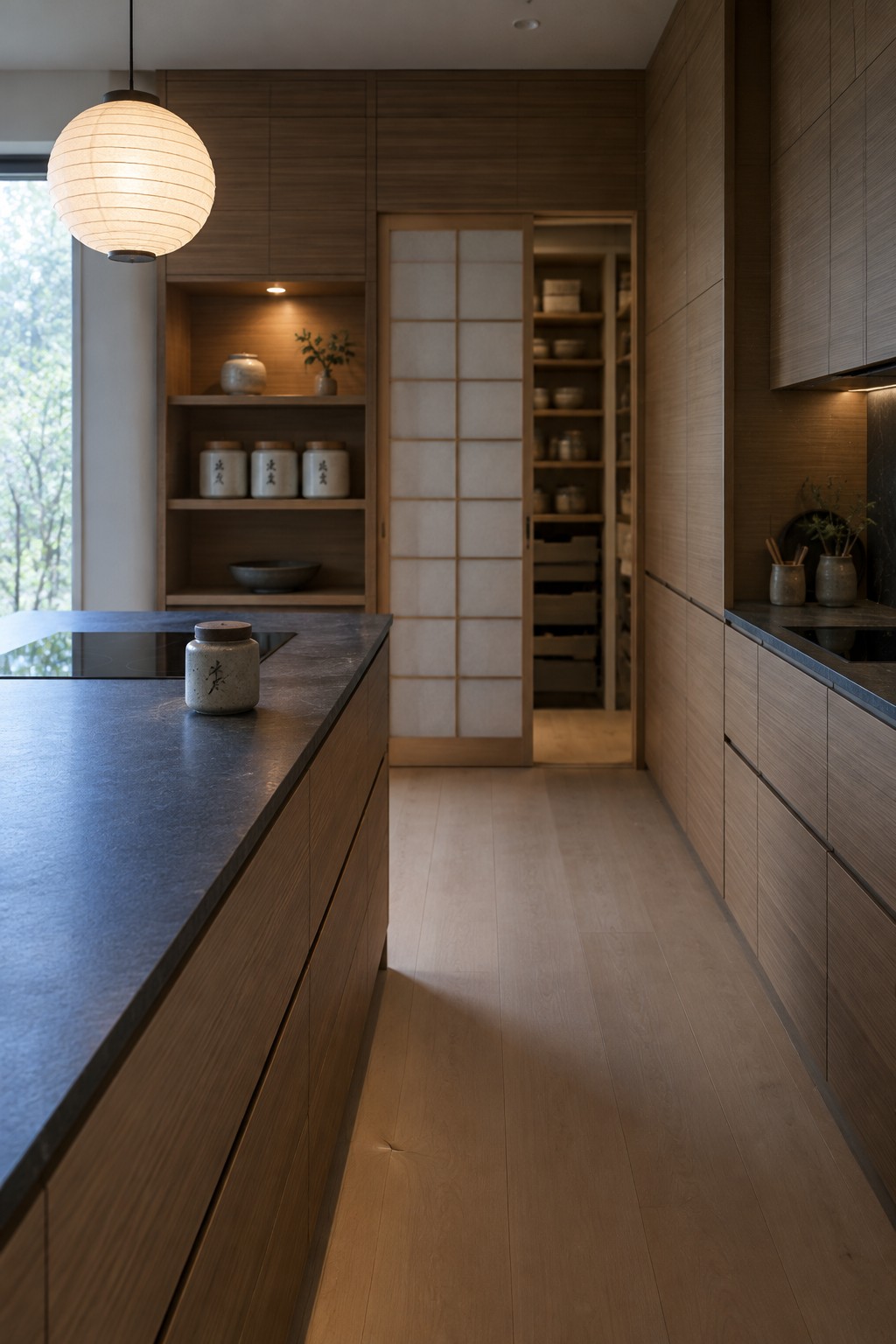 A kitchen with wood full-height cabinets, a dark stone island, and an open sliding door with grid panels revealing interior shelving and storage.