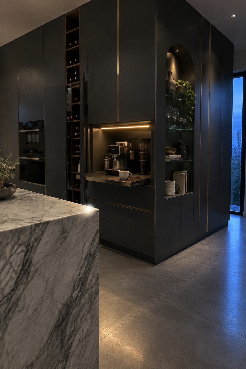 A modern kitchen featuring dark full-height cabinetry with integrated wine racks, a pull-out coffee station, and illuminated glass display shelves beside a marble island.