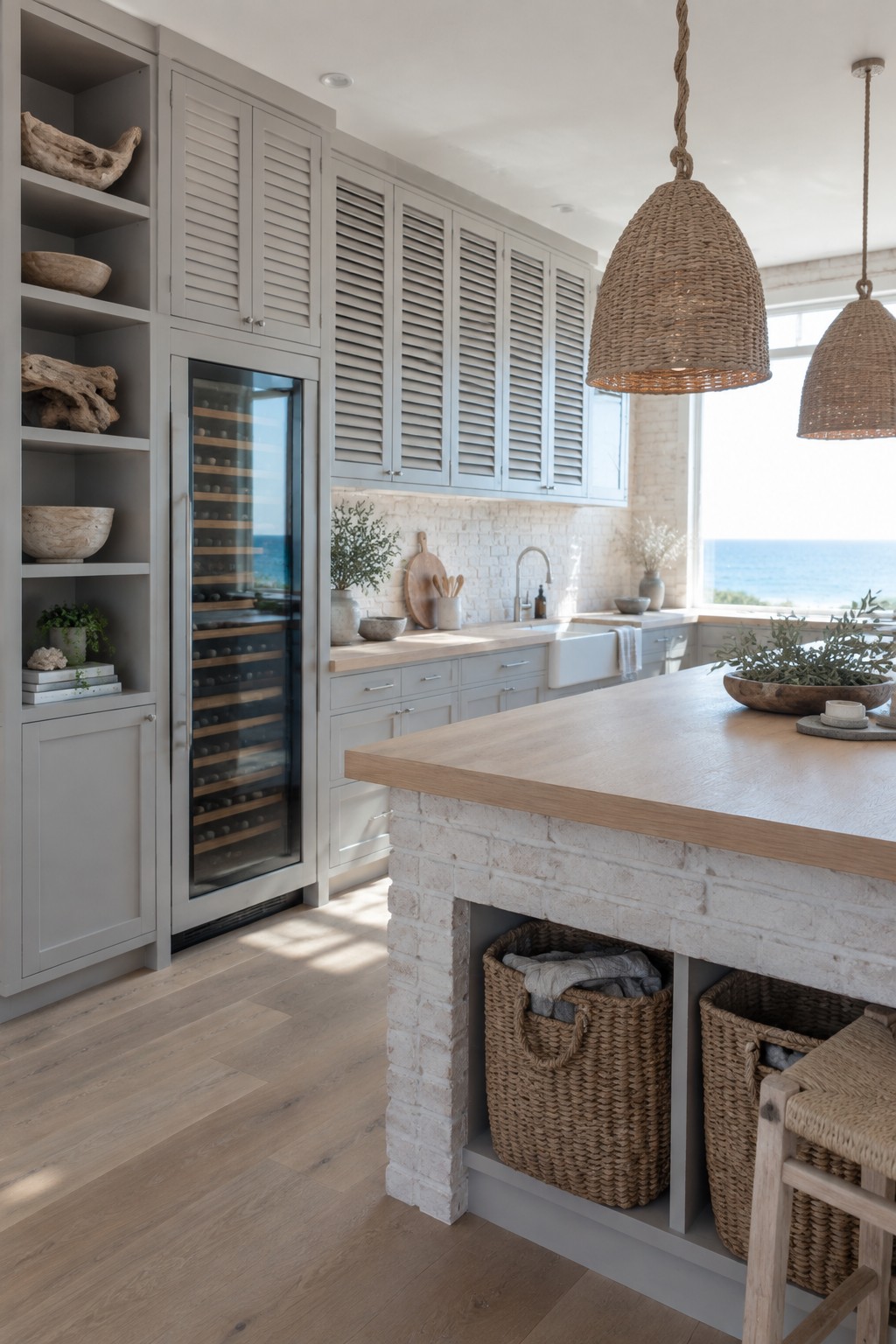A bright kitchen featuring full-height gray cabinetry with a glass-front wine refrigerator, open shelving on the left, louvered upper cabinets, and a large island with woven storage baskets below.