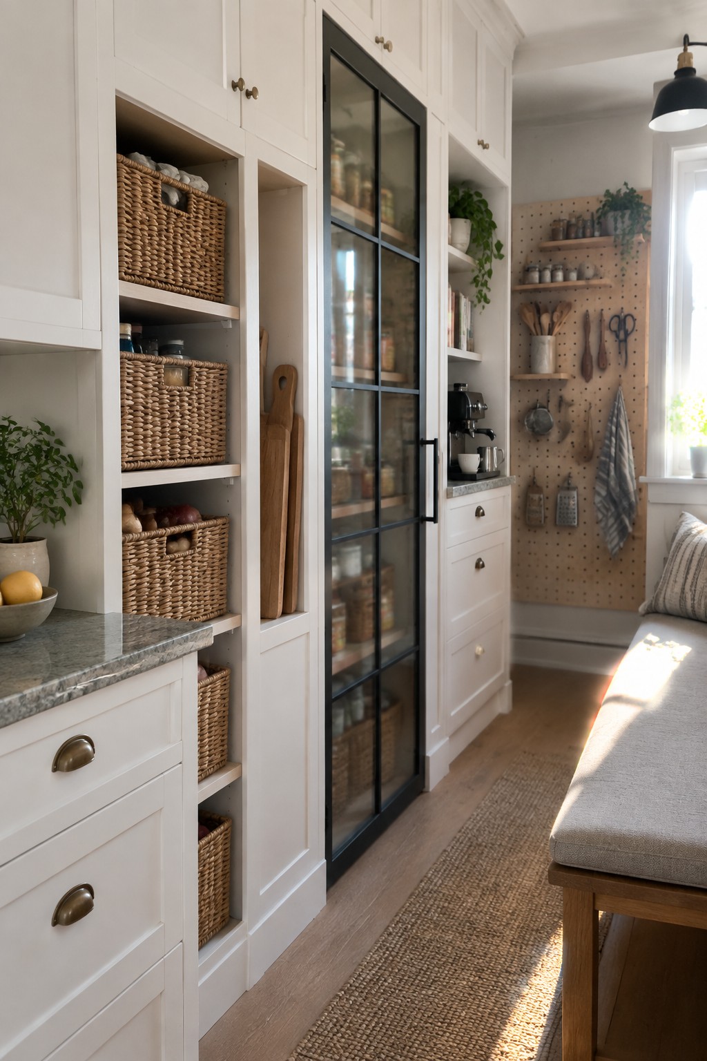 A bright kitchen with white full-height cabinets, open shelves holding woven baskets, glass-front doors, and a pegboard wall with hanging tools to the right.