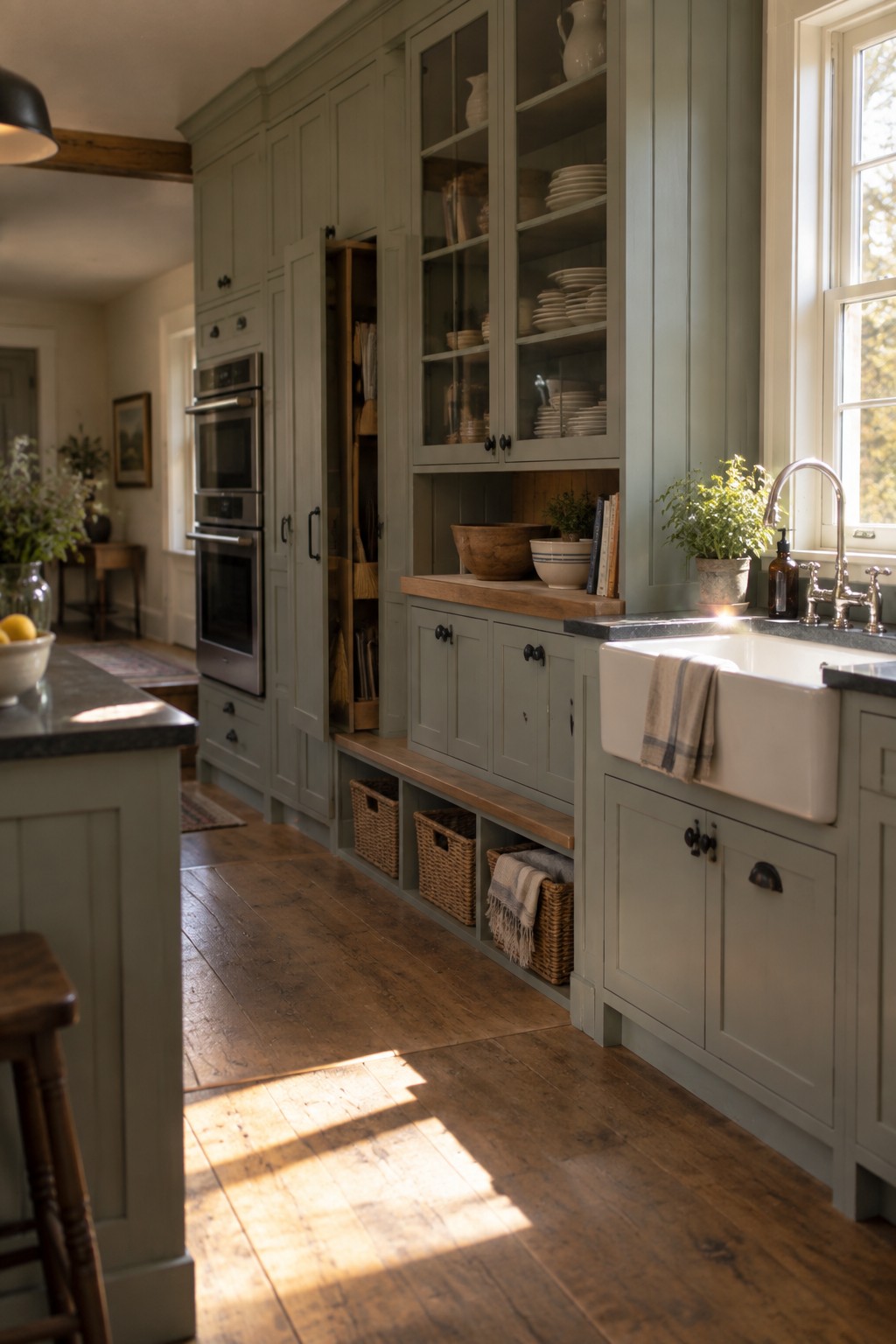A kitchen with sage green full-height cabinetry showing a combination of solid doors, glass-front upper cabinets, open shelving, and lower open cubbies with woven baskets.