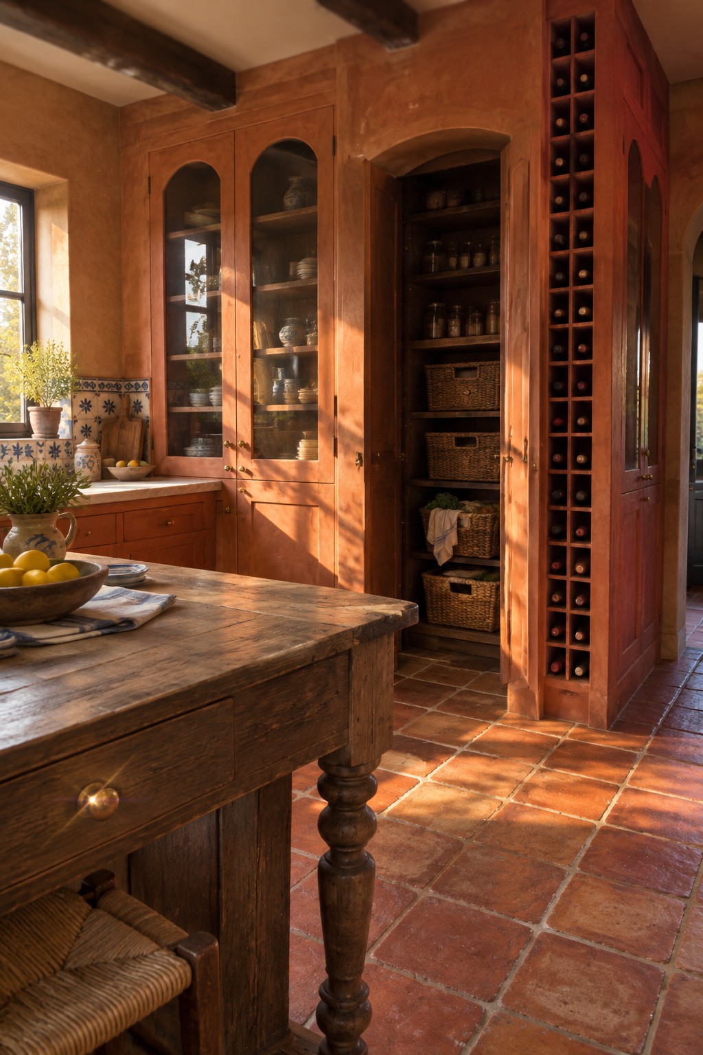 Rustic kitchen with wooden table, terracotta floor, cabinets, and wine rack in sunlight