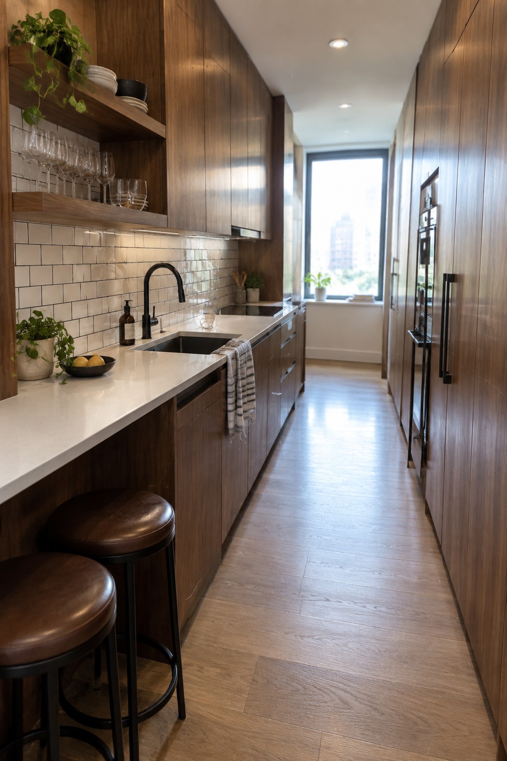 A narrow kitchen with full-height dark wood cabinets lining both walls, white countertops, a black sink, and two brown leather stools at the end.