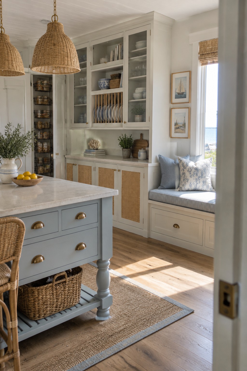 A bright kitchen featuring full-height off-white cabinetry with glass doors, open shelving, and woven panel lower cabinets, alongside a blue island and a window seat with cushions.