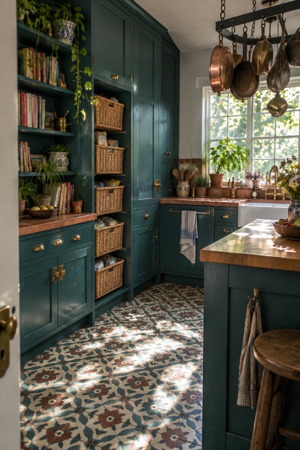 A kitchen interior with tall dark green cabinets, open shelves holding books and woven baskets, copper countertops, patterned tile floor, and hanging copper pots near a window.