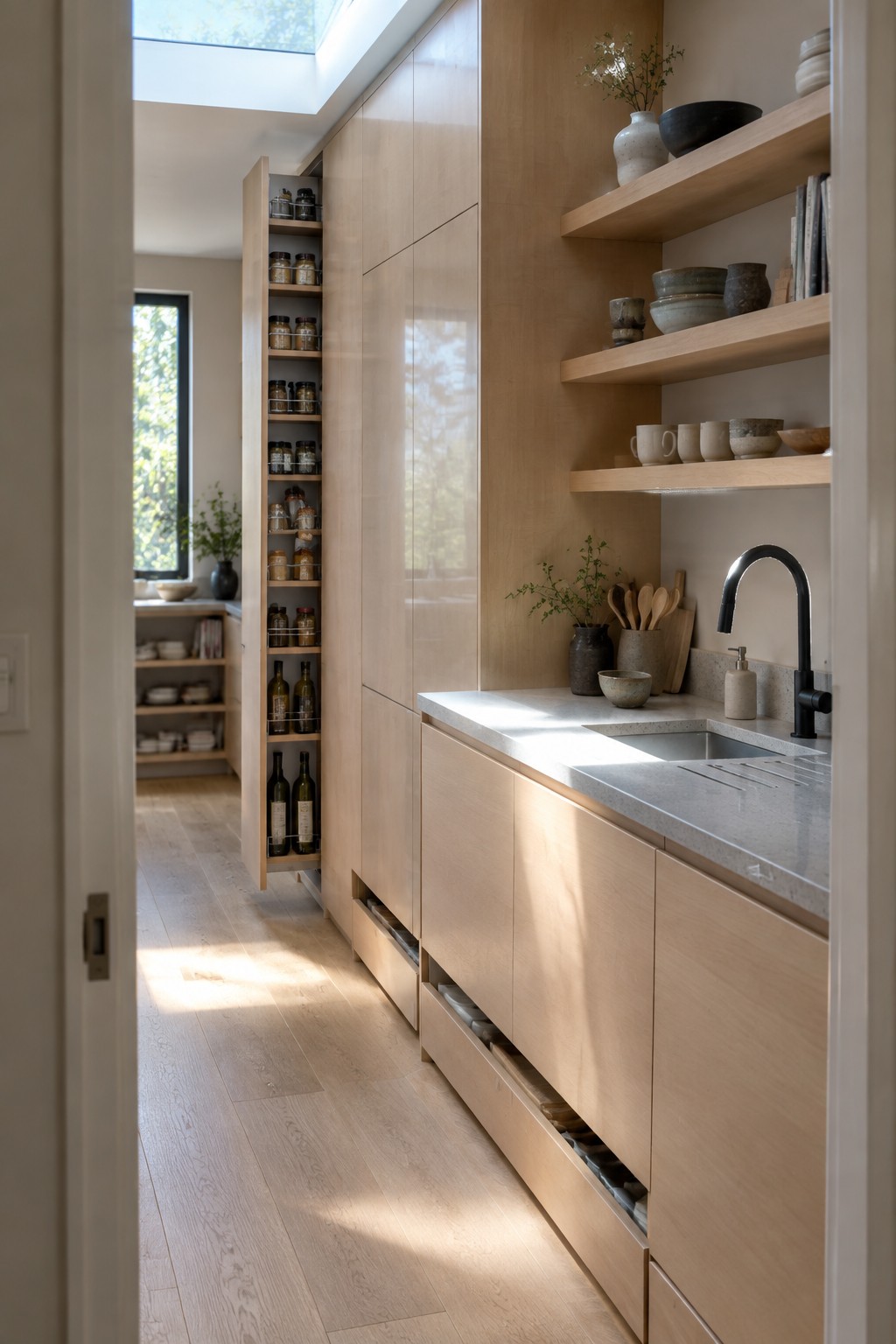 A light wood kitchen with full-height cabinetry, a tall open pull-out pantry unit holding jars and bottles, open floating shelves with ceramics, and a sink area with a black faucet.