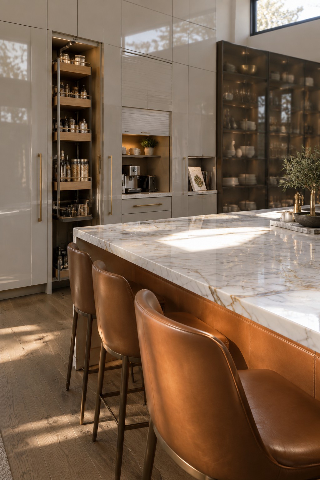 A modern kitchen interior showing full-height light beige cabinetry with an open pull-out pantry unit containing multiple wooden shelves filled with jars and bottles, a marble island, and brown leather bar stools in the foreground.