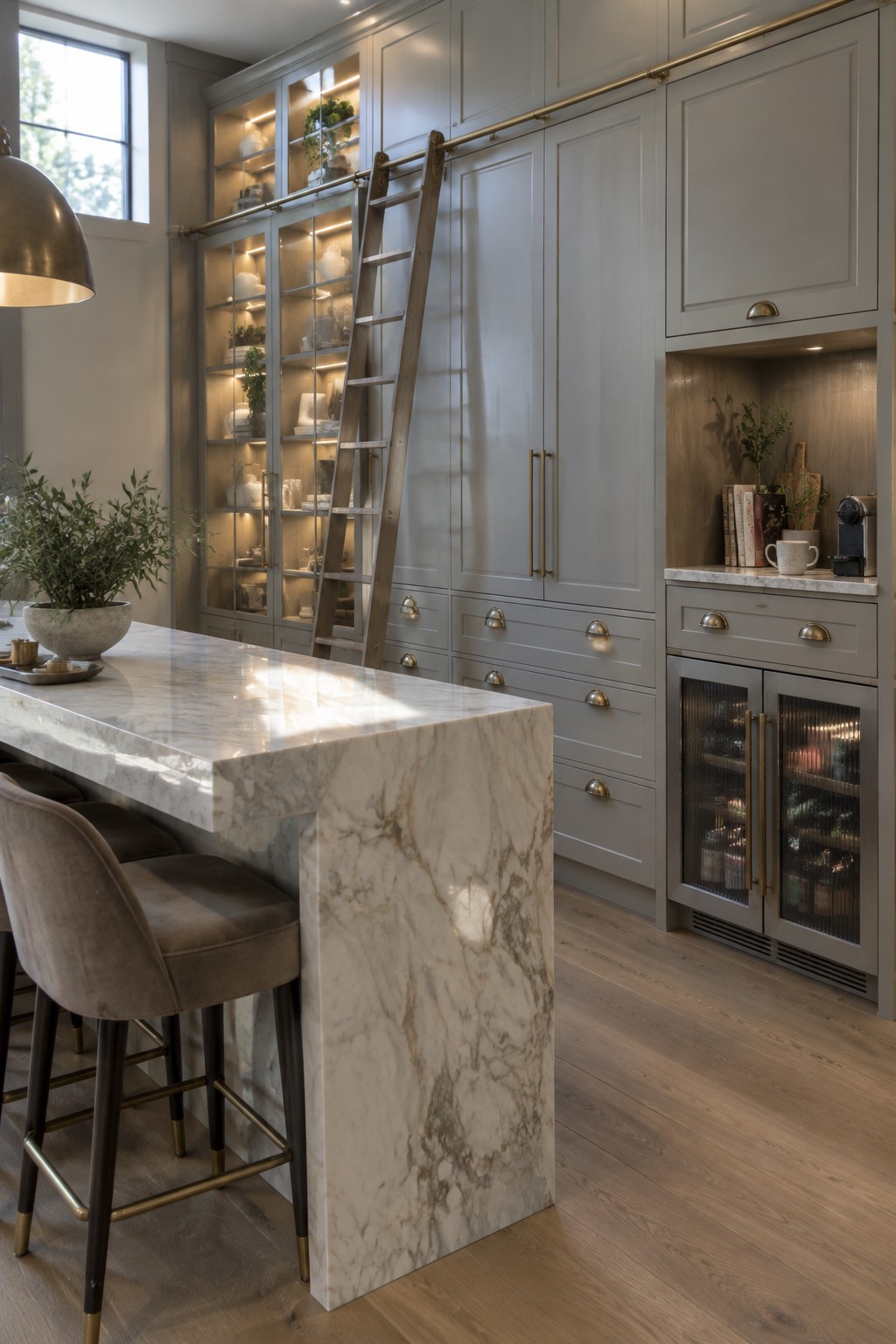 A kitchen with tall gray full-height cabinets, a rolling wooden ladder on a brass rail, a marble island with upholstered stools, and lower cabinetry including a wine refrigerator.