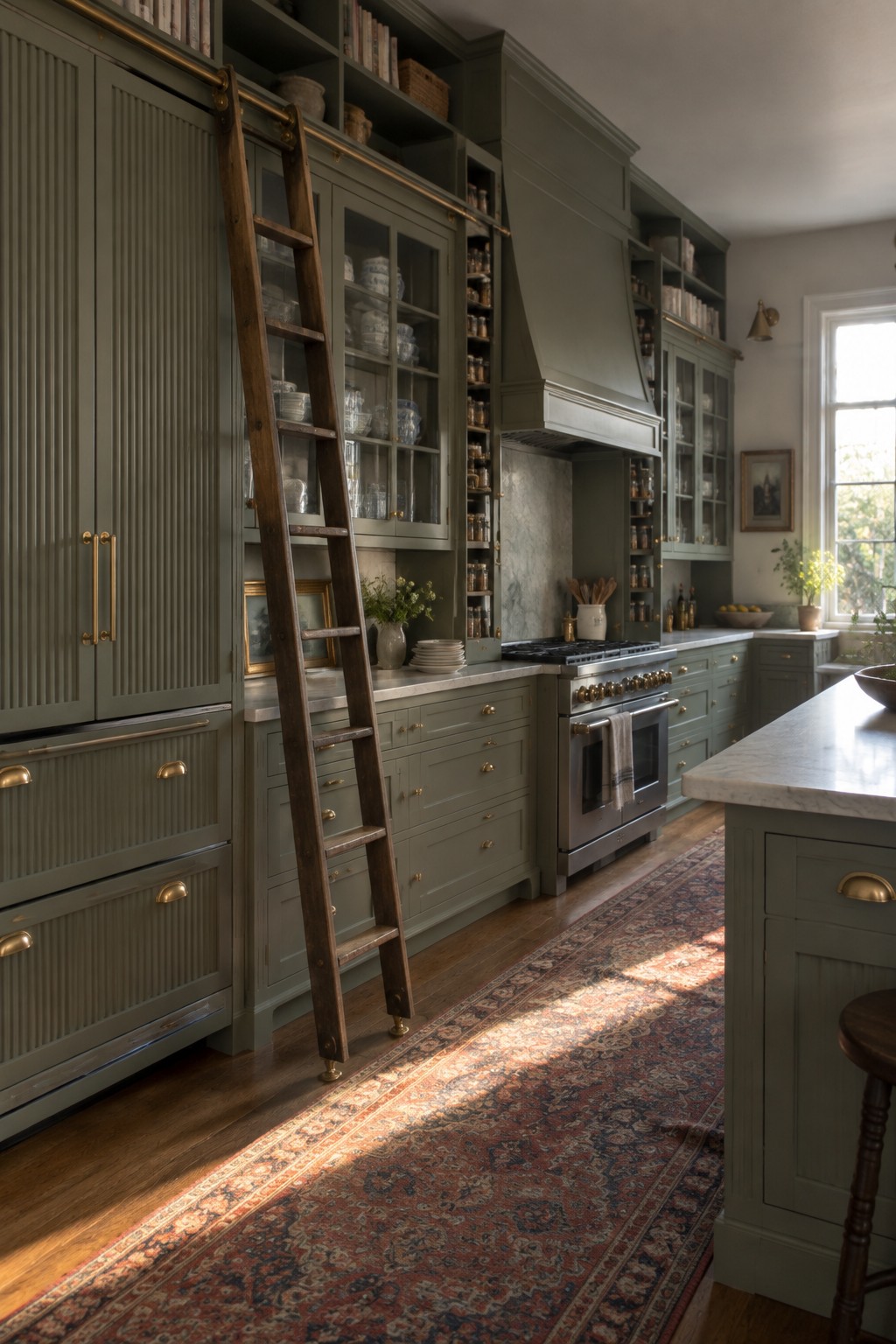 Sage-green kitchen with rolling ladder, stainless range, marble counters, and sunlit rug