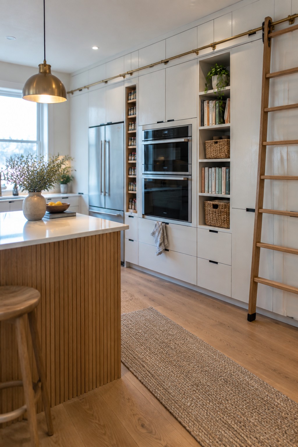 Modern kitchen with white cabinets, wooden rolling ladder, marble island, and pendant light