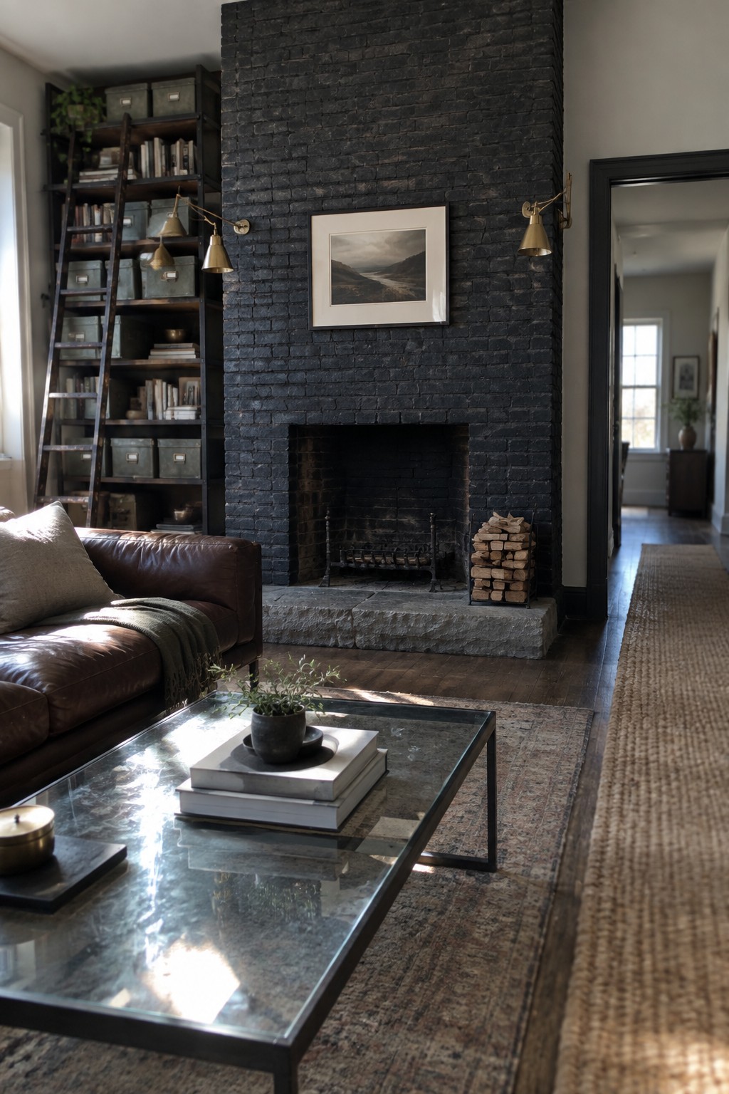 A living room with a tall dark brick fireplace wall, brown leather sofa, glass-top coffee table, and built-in bookshelves to the left.
