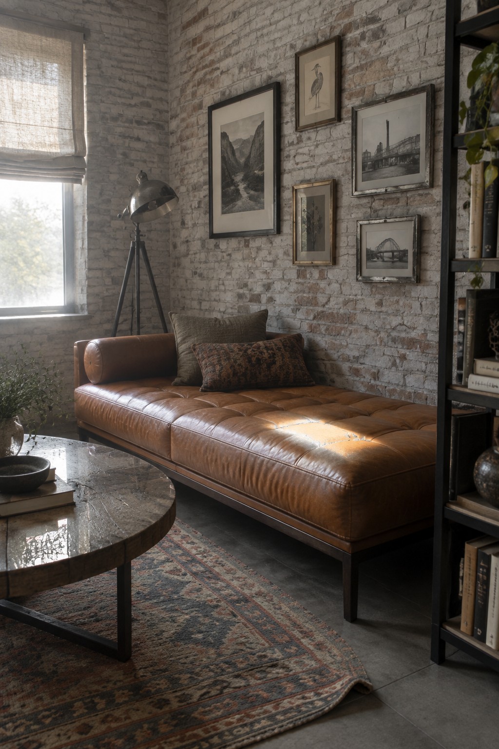 A brown leather tufted daybed sits against a whitewashed brick wall in a living room, with a metal floor lamp nearby and framed black and white prints arranged above it.