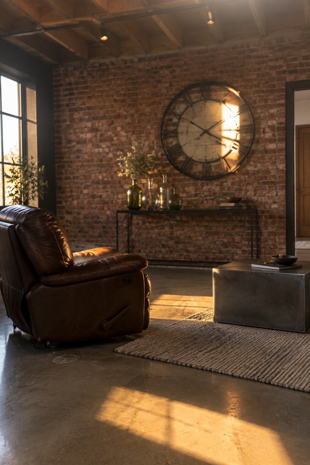 A brown leather recliner sits on a concrete floor in front of a red brick wall with a large round clock above a metal console table and a metal coffee table on a woven rug.