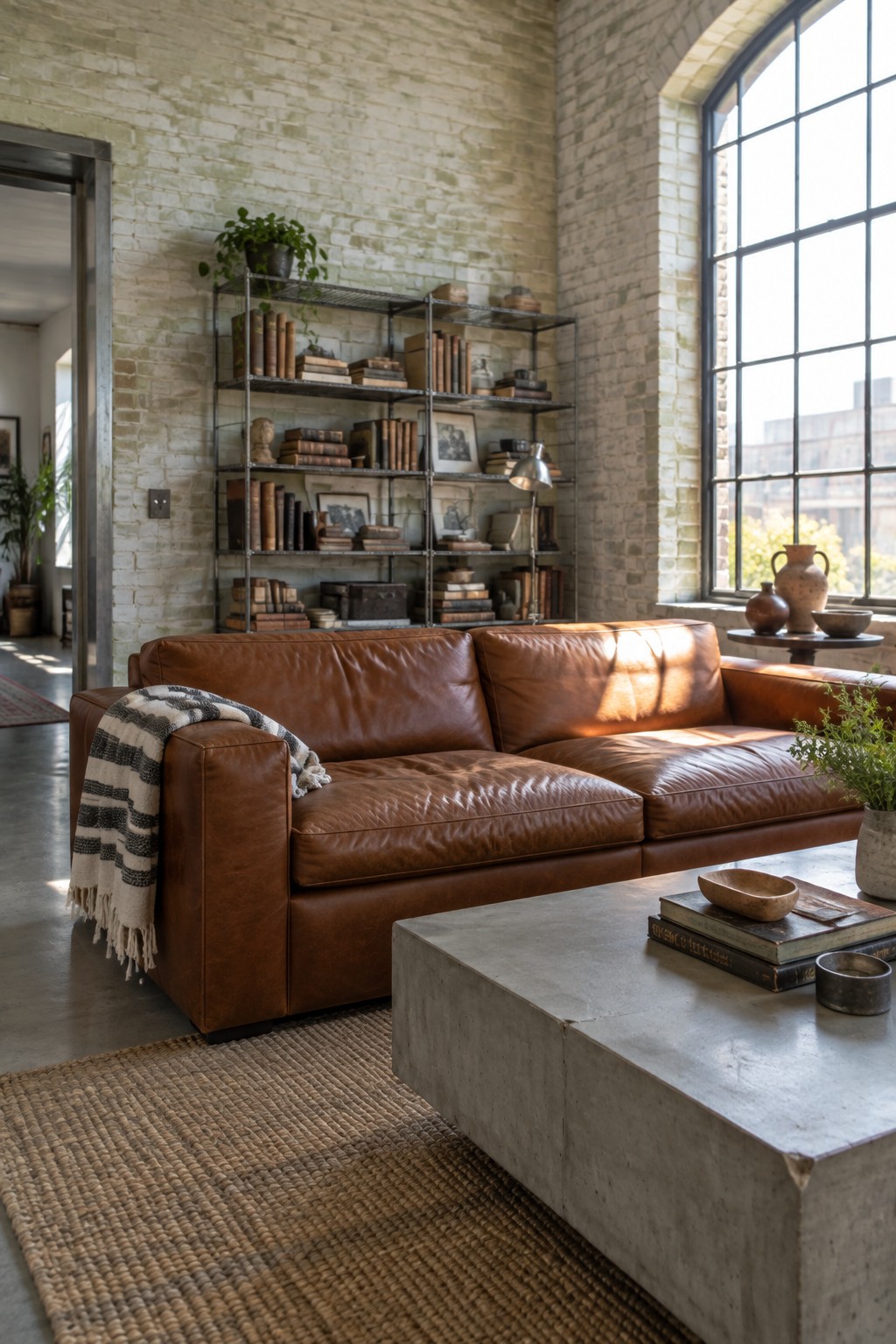 A brown leather sofa sits in front of metal shelving on an exposed brick wall, with a concrete coffee table in the foreground.