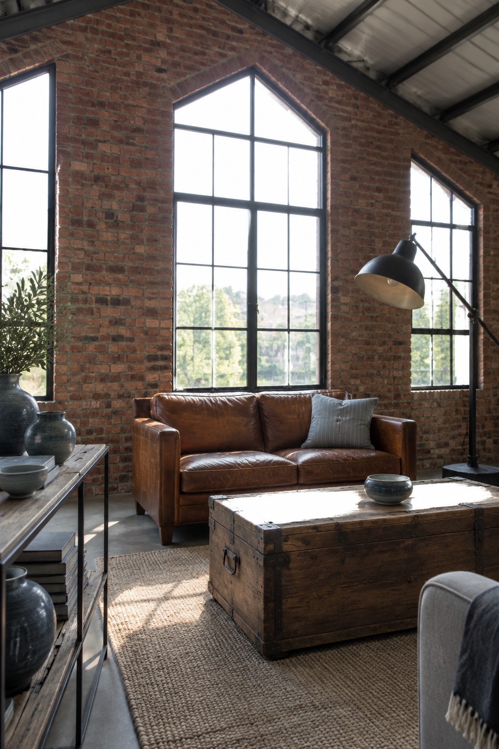Rustic industrial loft with brown leather sofa, wooden trunk table, and sunlit brick walls